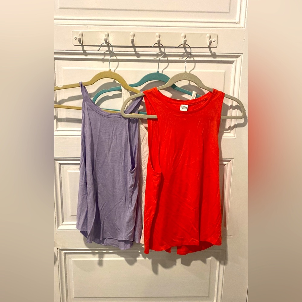 Three Summer Tanks in purple, red/pink and white.